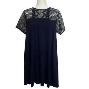LOFT Womens Navy Blue Rayon Jersey Crochet Short Sleeve Swing Dress Size Large